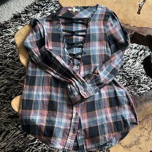 Gilded Intent Plaid Tunic with Cutout Detail - Black, Blue, Pink